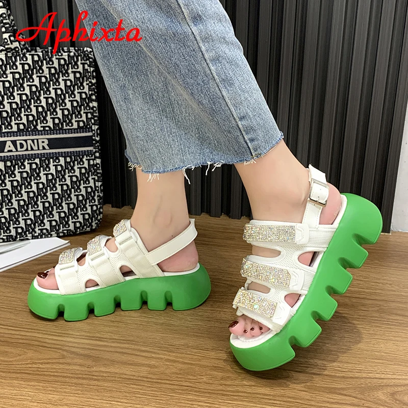 

Aphixta 2021 New Buckle Crystals Height Increaming Sandals Women Canvas Platfom Wedge Heel Shoes Thick Bottom Slides Shoes