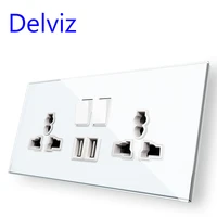 delviz tempered glass socket eu standard white crystal panel switch controls double jacks 16a universal power wall usb socket