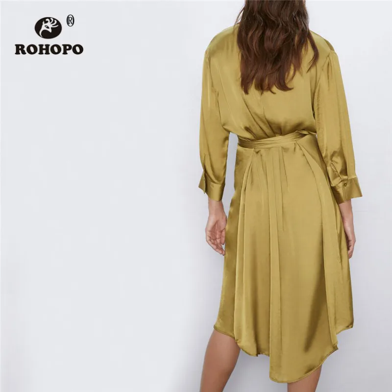 ROHOPO длинный рукав на пуговицах женская желтая блузка платье миди отложной