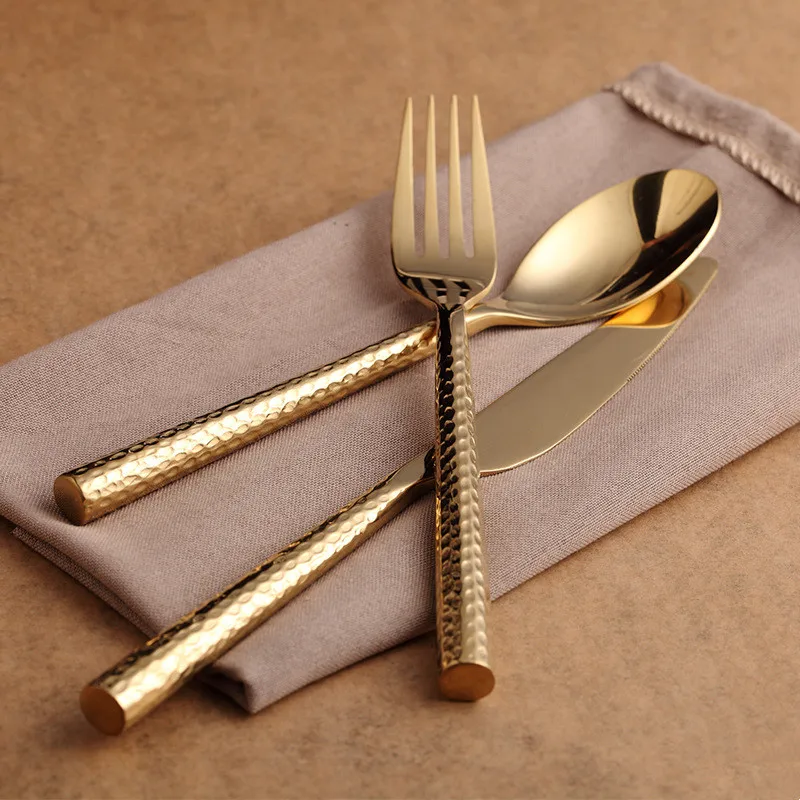 3pcs Golden Hammer Pattern Kinfe Fork Spoon Stainless Steel Solid Handle Cutlery Set Tableware Flatware Dinnerware Set