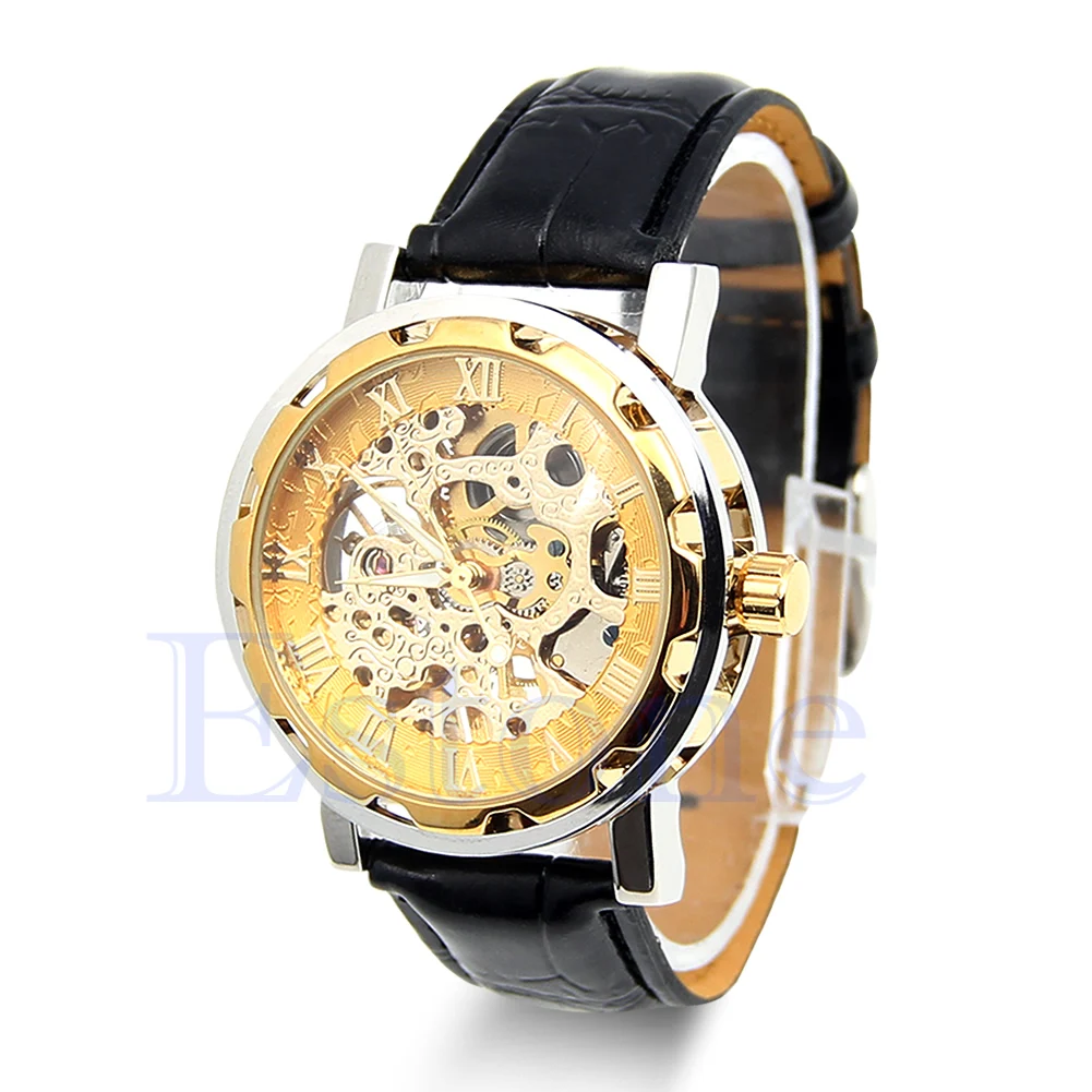 

High Quality Artificial Leather Band Mens Classic Black Leather Gold Dial Skeleton Mechanical Sport Wrist Watch