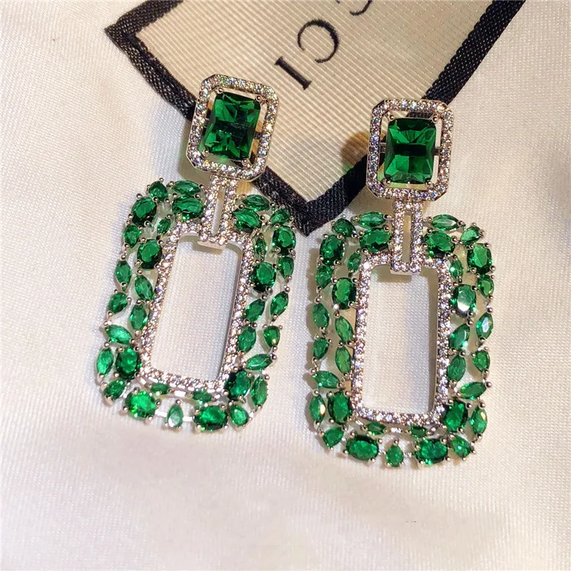 

S925 Needles Drop Earrings For Women Artificial Emerald Cubic Zirconia Luxury Square Earring Vintage Fine Jewelry High Quality