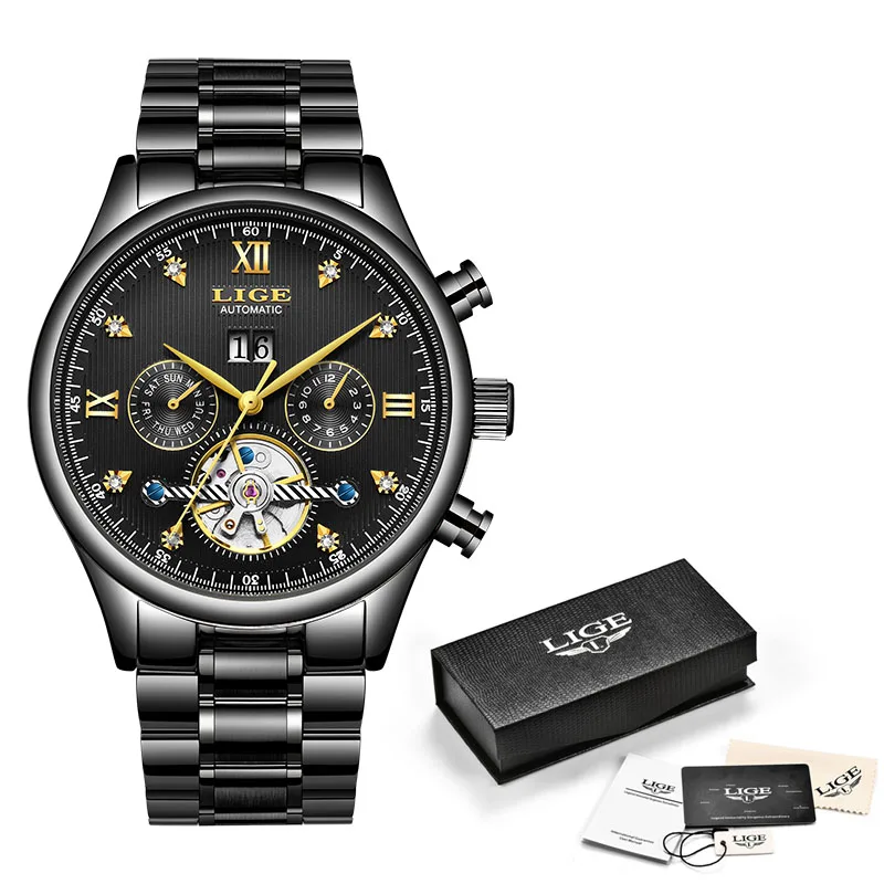 LIGE Брендовые мужские часы автоматические механические часы Tourbillon спортивные часы кожаные повседневные деловые часы в ретро-стиле Relojes Hombre - Цвет: All black S
