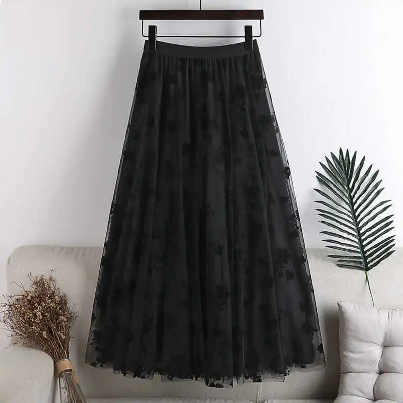 

Flocked gauze skirt for women's spring and summer 2021 new small slim and drooping floral yarn skirt fairy pleated skirt