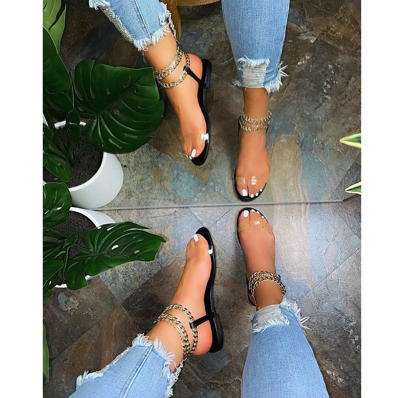 

2021 Summer New Style Flat Sandals Fashion Solid Color Chain Open Toe Outdoor Women's Shoes Plus Size 43