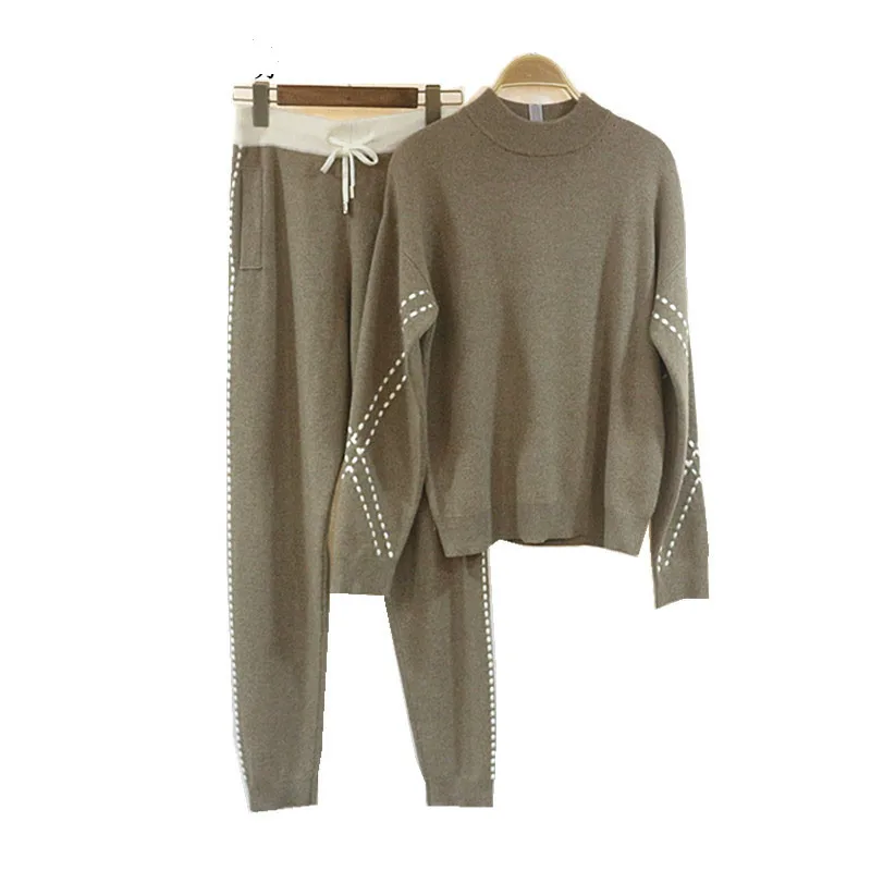

Suit O-neck Wool Sale Sweater Set Fashion Casual Knitted High Collar + Pants 2020 Winter Quality Cashmere Two-piece Pullover