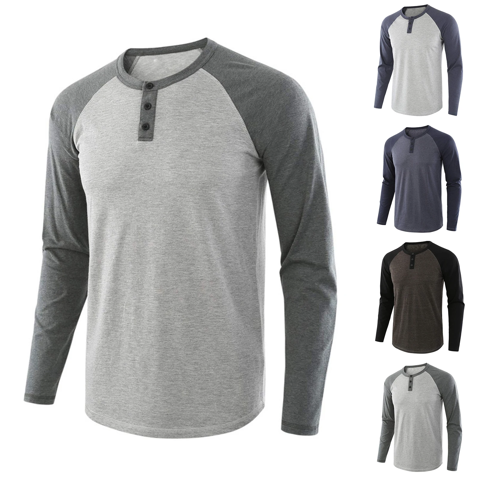 Casual Men Pullover Sweatshirt Autumn O Neck Long Raglan Sleeve Color Block Buttons Hoodie Tops Men's Clothing Футболка