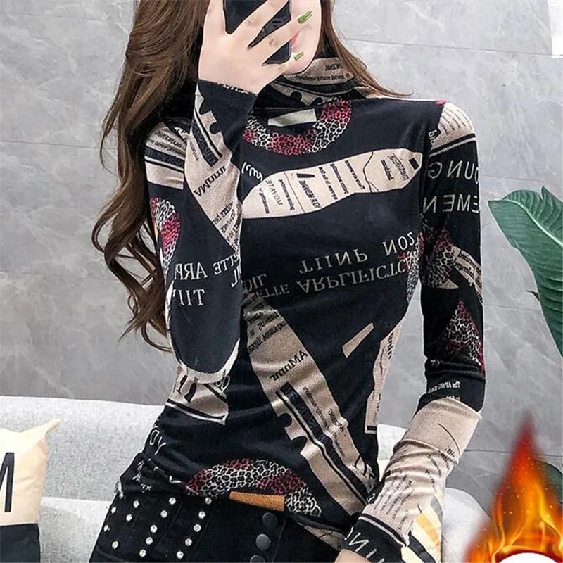 Women's T-shirts High neck bottoming Tee Top printing western Autumn long-sleeved soft Inner wear Female T-shirt Camiseta mujer