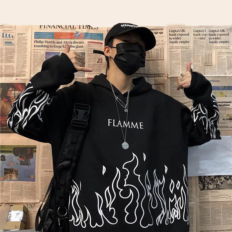 

Streetwear ladies flame print pullover hoodie oversized Harajuku style hoodie plus size winter sweatshirt Korean streetwear top