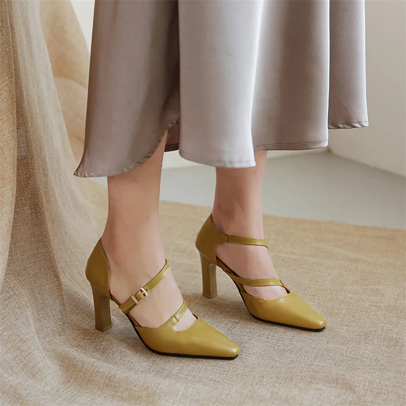 

COOLULU High Heels Women Pumps Sexy Buckle High Heels Party Shoes Square Toe Dress Shoes Ladies Spring Plus Size 33 44 45 46