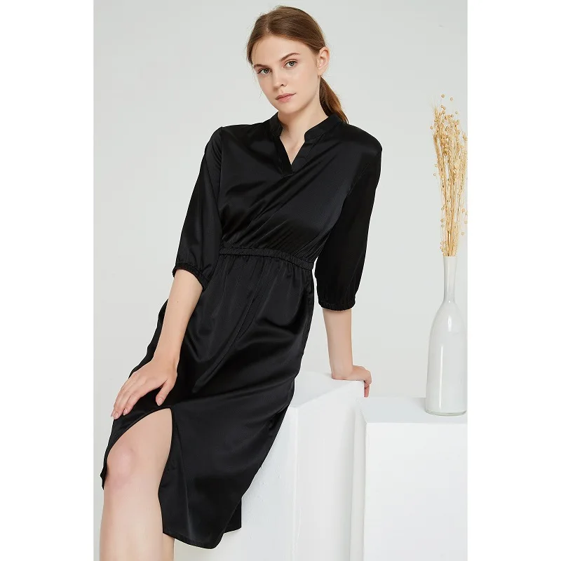 Nature Silk Long Sleeve Shirt Dress Women Casual Summer Beach Dress Elegant Party Dresses