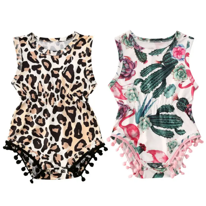 Summer Newborn Infant Baby Girl Leopard/Cactus Sleeveless Romper Tassel Jumpsuit Outfit Clothes Set | Детская одежда и обувь
