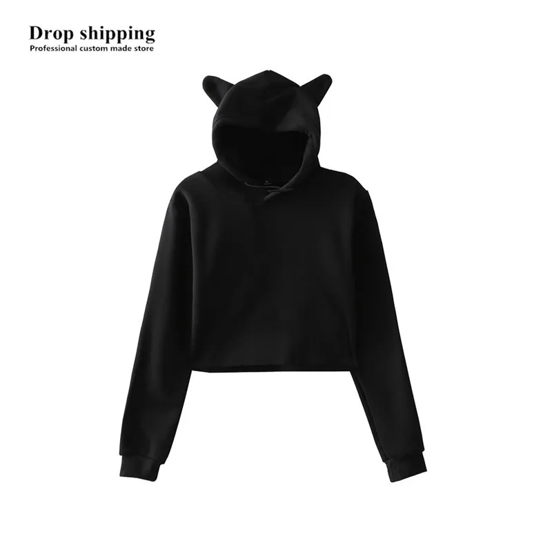 Drop Shipping Women/ Girls Crop Top Hoodies Grils Cat ears Pullovers Hooded Sweatshirts Shorts Tops Accept Custom made Logo DIY | Женская