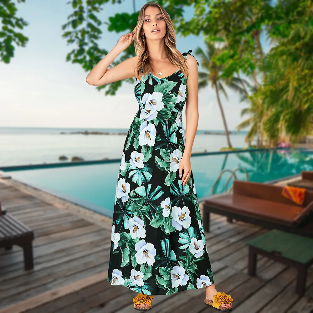 

Women Dress V Neck Printed Bohemia Sexy Floral Maxi Sleeveless Spaghetti Strap Long Beach Dresses Vestido De Mujer Robe Longue