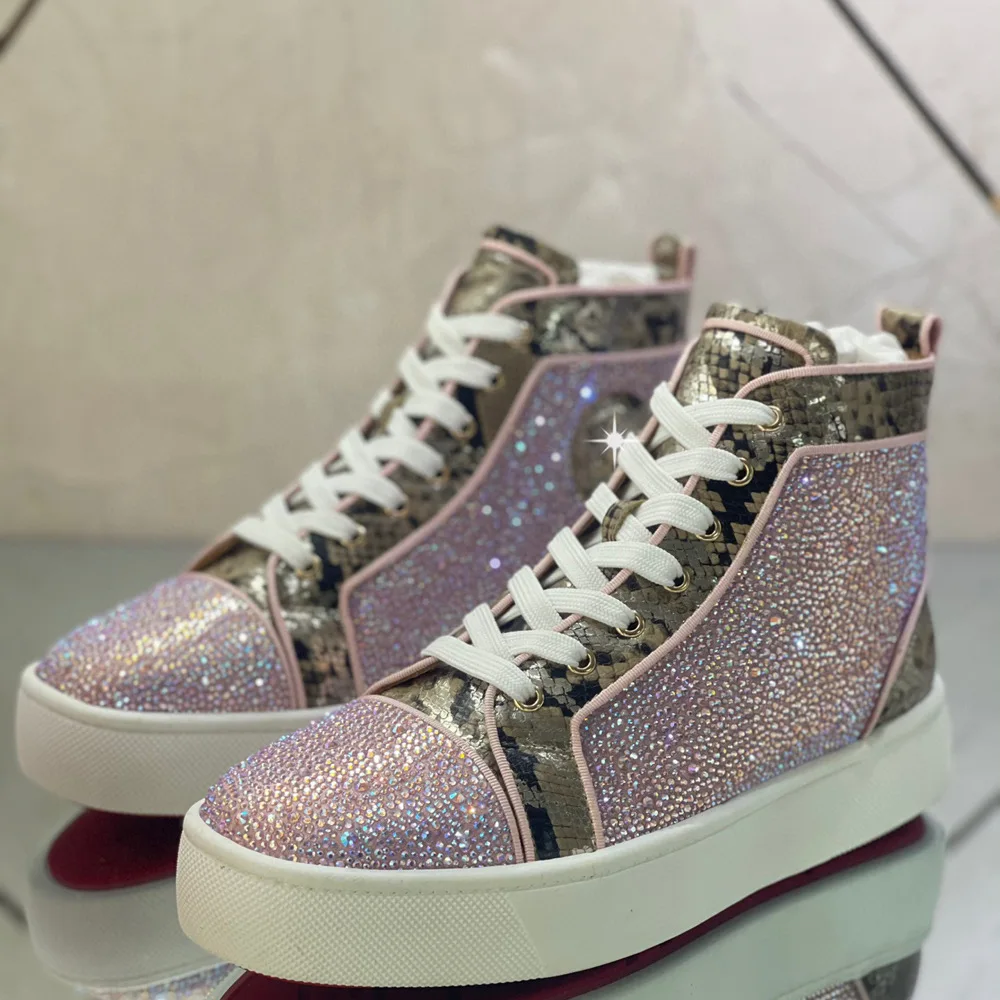 

High Top Thick Red Bottom Pink Snake Leather Sport Pumps Shoes For Men Lace Up Casual Flats Loafers Rhinestone Rivets Sneakers
