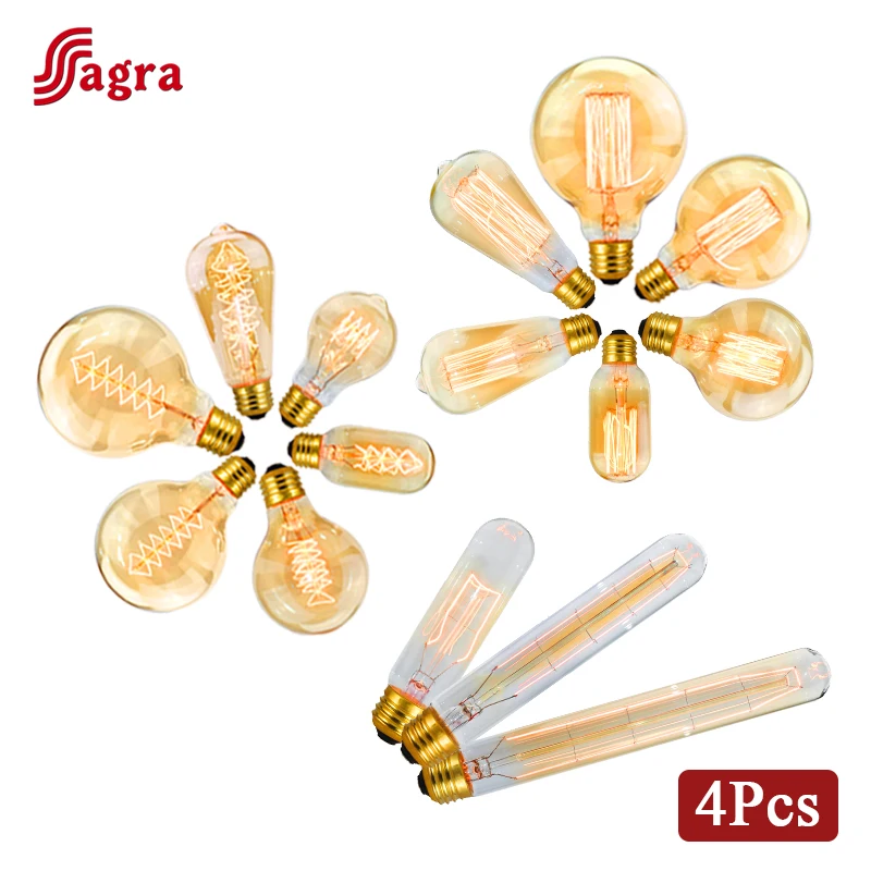 

4 шт./лот Ретро лампа Эдисона E27 220 В 40 Вт лампа накаливания A60 ST58 ST64 T185 G80 G95 винтажная лампа накаливания