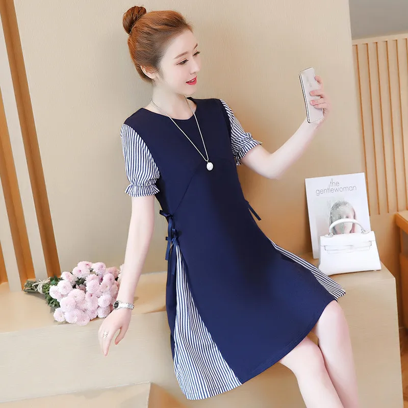 

Blue Chiffon Maternity Dress 2020 summer O neck Short Sleeve large size 4XL OL thin stripes fake two pregnant women dresses