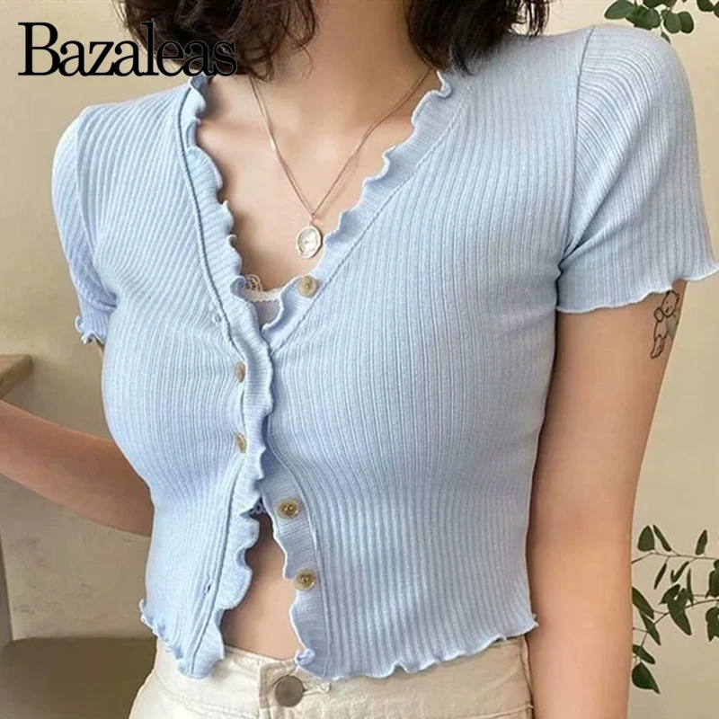 Уличная одежда Bazaleas укороченные женские винтажные топы с V образным вырезом