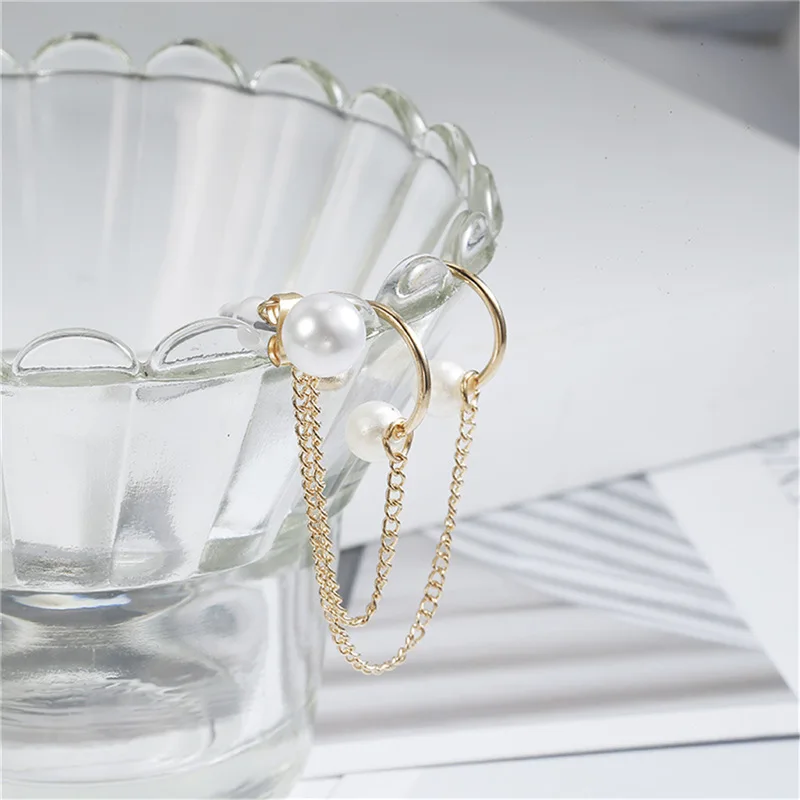 1PC Gold Tassel Earring For Women White Imitate Pearl Clip Hook Fake Piercing Cuff earrings Clips Bijouterie Wholesale | Украшения и