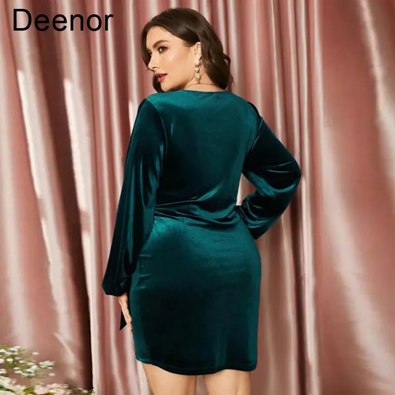Deenor Plus Size Dress Sexy Midi Dresses Temperament V-neck Large Swing Bandage Dress Velvet Sexy Evening Dress