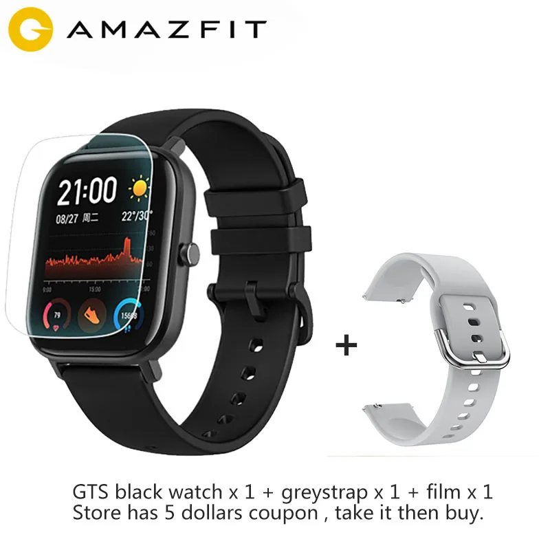 Глобальная версия Amazfit GTS Смарт-часы 1,65 дюймов AMOLED 341 ppi экран 5 АТМ 14 дней батарея gps управление музыкой - Цвет: blackw (agreystrap)