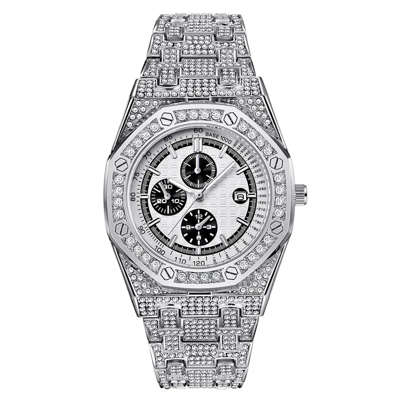

2021 New Men Luxury Brand Hip Hop Diamond Alloy Date Luxury Gold Watch Men