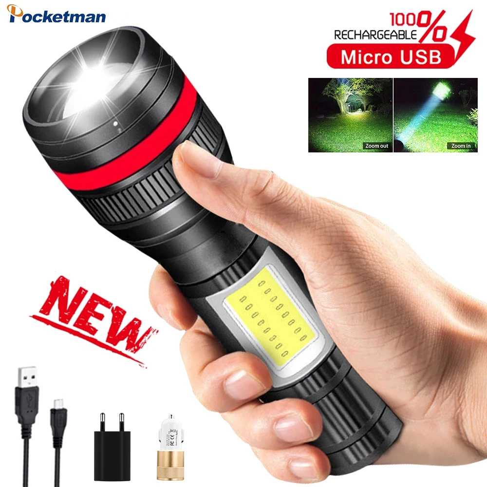 

Most Bright Led Flashlight 3Modes Telescopic Zoom LED Flashlight Torch Camping Lamp Light With side COB with Built in Battery