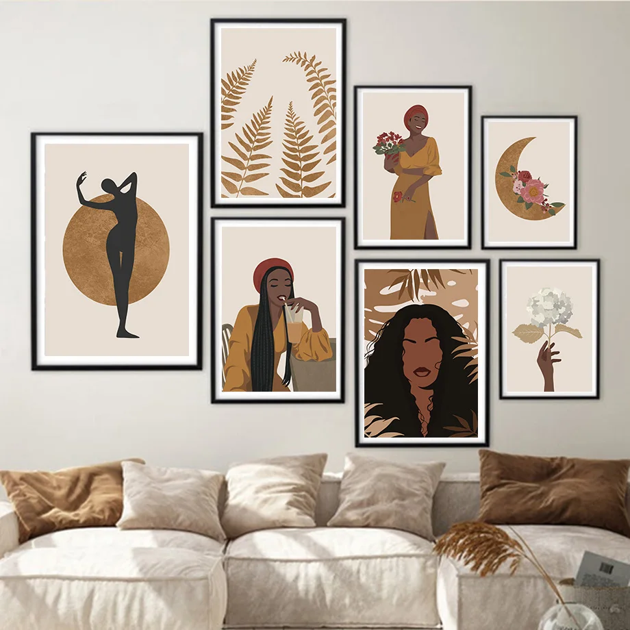 

African Woman Line Face Moon Leaf Flower Wall Art Canvas Painting Nordic Posters And Prints Wall Pictures For Living Room Decor