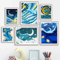 dolphins waves starry sky planets moon stars wall art canvas painting nordic posters and prints wall pictures kids room decor