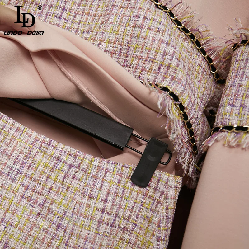 

LD LINDA DELLA Autumn Fashion Runway Skirt Suit Women Long sleeve Patchwork Sweater Top and Tweed High waist Skirts 2 Pieces Set