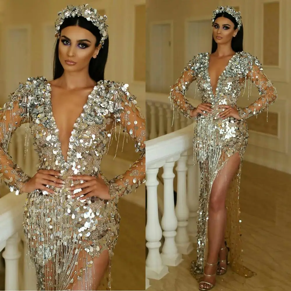 Deep V Neck Sequined Prom Dresses Long Sleeves Tassel Beaded Dubai Floor Length Side Split Evening Gowns 2020 Pageant Dress