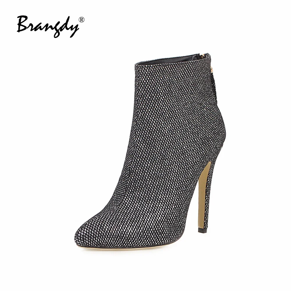 

Brangdy Sexy Women Pumps Ankle Boots Flashy Fabrics Women High Heels Shoes Bling Bling Pointed Toe Women Thin Heels Shoes Zipper