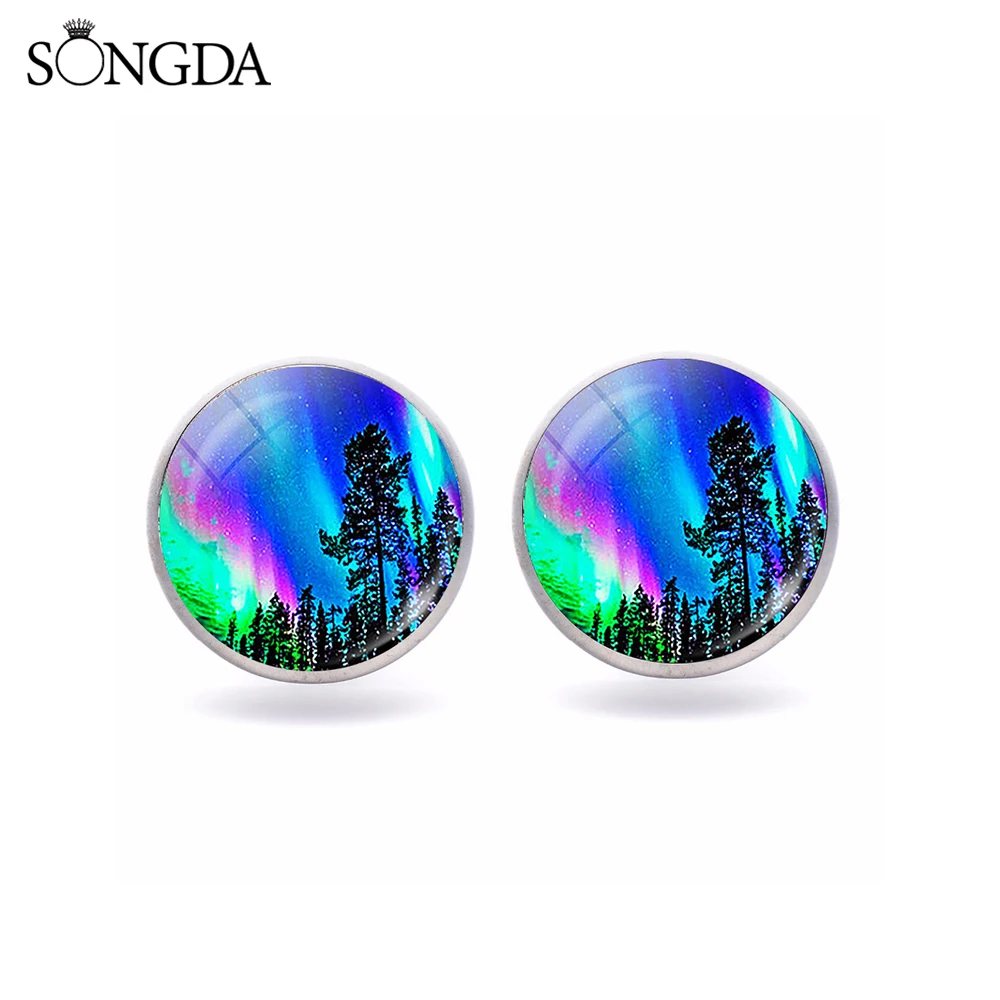 

Trendy Colorful Northern Light Stud Earring Beautiful Natural Scene Galaxy Forest Photo Art Glass Cabochon Aurora Earring