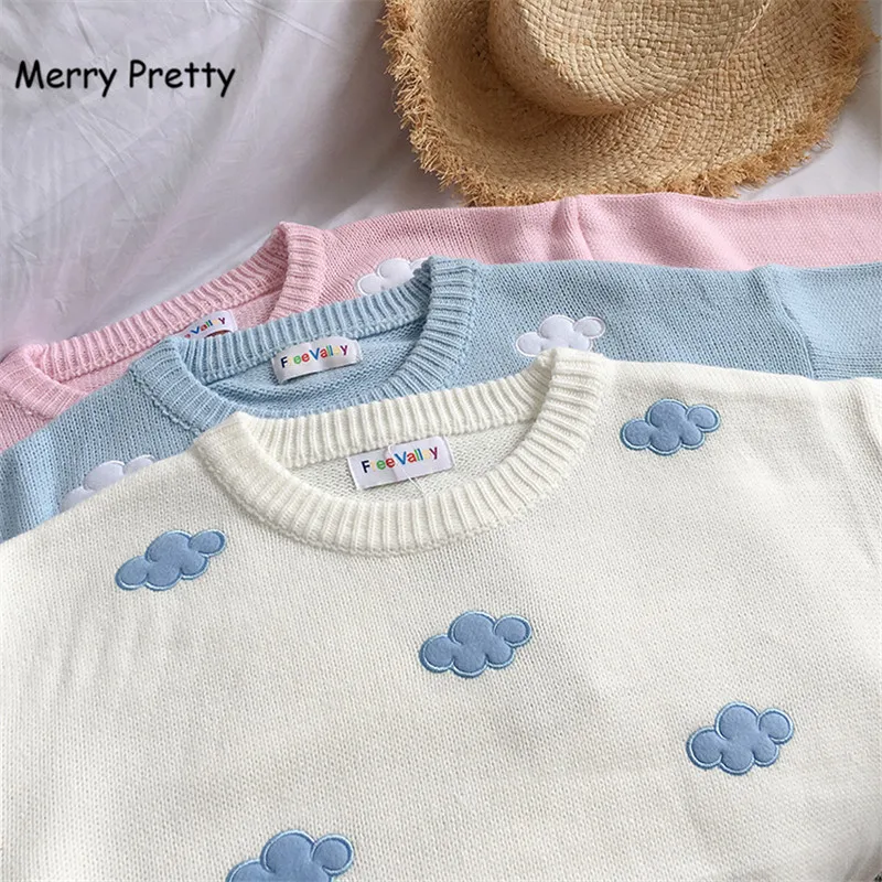 

Merry Pretty women winter Autumn clouds sky embroidery sweater candy color pullovers solid loose ladies warm knitting sweaters