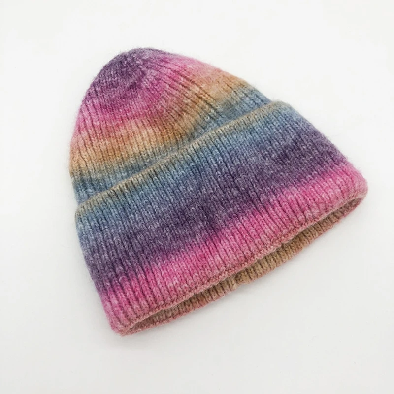 

Unisex Winter Faux Wool Knitted Beanie Hat Gradient Tie-Dye Rainbow Skull Cap J78E