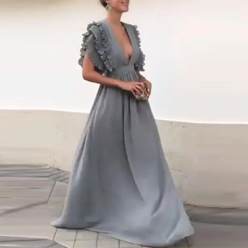

Women Temperament Sexy Sleeveless Hollow Long Dress Summer Ruffle Deep V Evening Dresses Spring Solid Pleated Drape Maxi Dresses