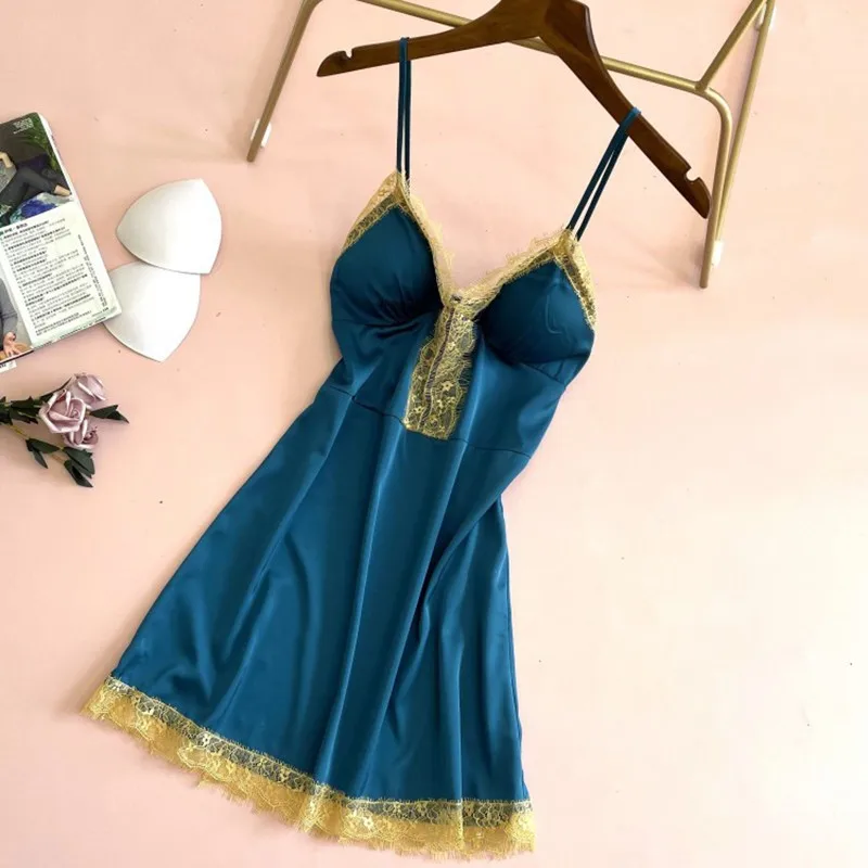 

Female Blue Sweet Lace Trim Nightgown Sexy V-Neck Spaghetti Strap Nightdress Casual Faux Silk Home Dress Spring New Sleepwear