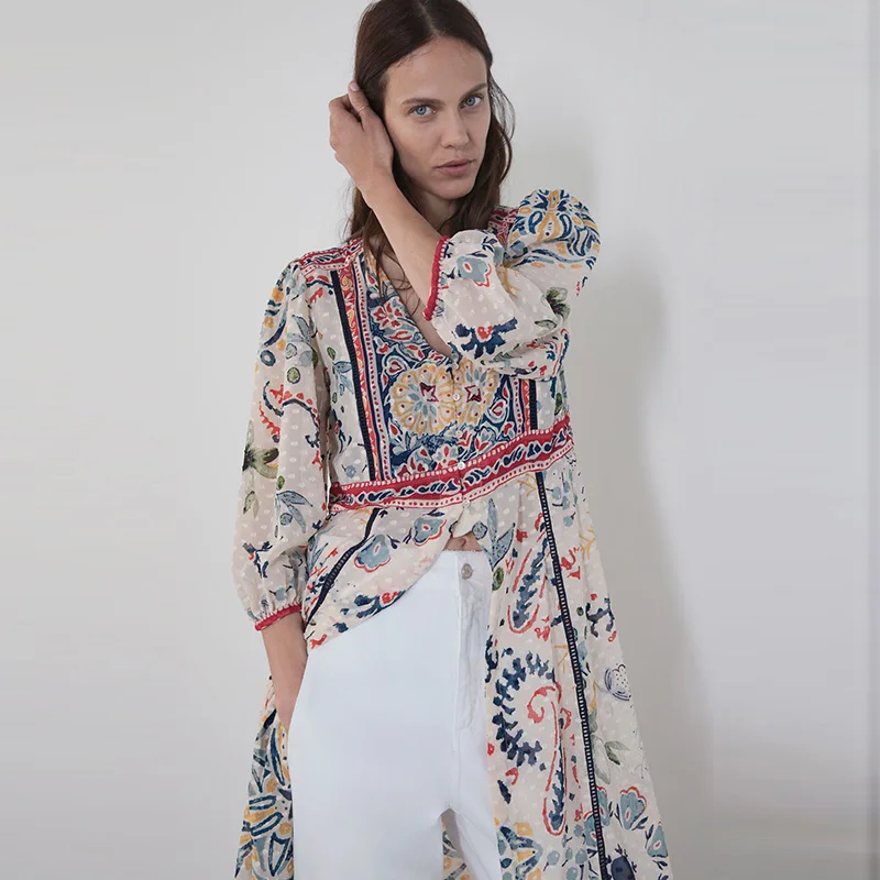 Шифоновая рубашка с принтом ZA длинное платье в стиле бохо v образным вырезом