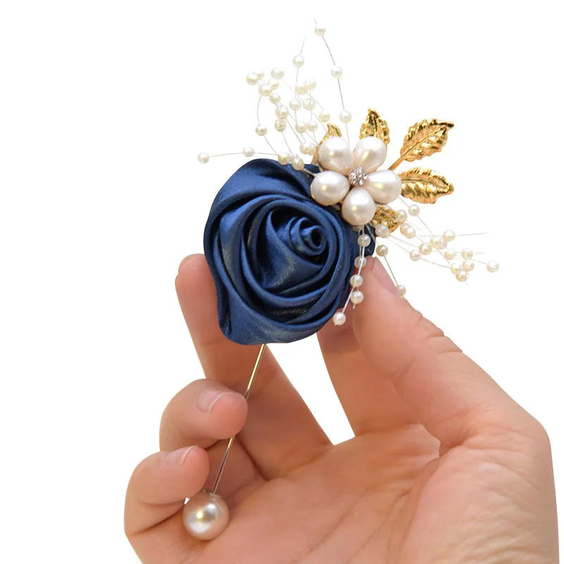 

Wedding Prom Pearl Rose Corsage Ceremony Brooch Flowers Wedding Boutonnieres Groom Groomsmen Buttonhole Silk Ribbon Boutonniere