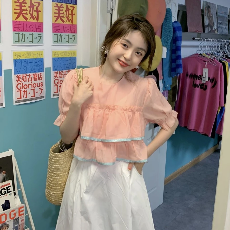 

Blouses Women Sweet Girlish Design Ruffles O-neck Short Sleeve Shirts Loose Puff-sleeve Kawaii Korean Fashion Summer Mujer Tops