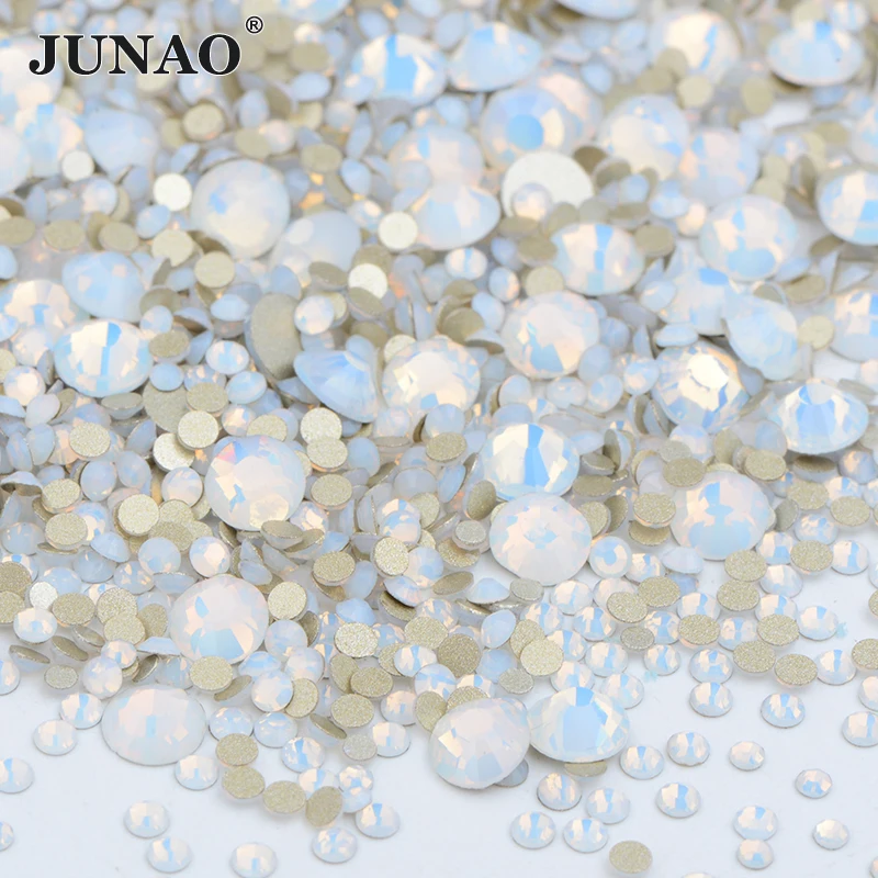 

JUNAO 1400pc Mixed Size White Opal Glass Rhinestone Flat Back Stones and Crystal Non Hotfix Strass Nail Stickers DIY 3D Manicure