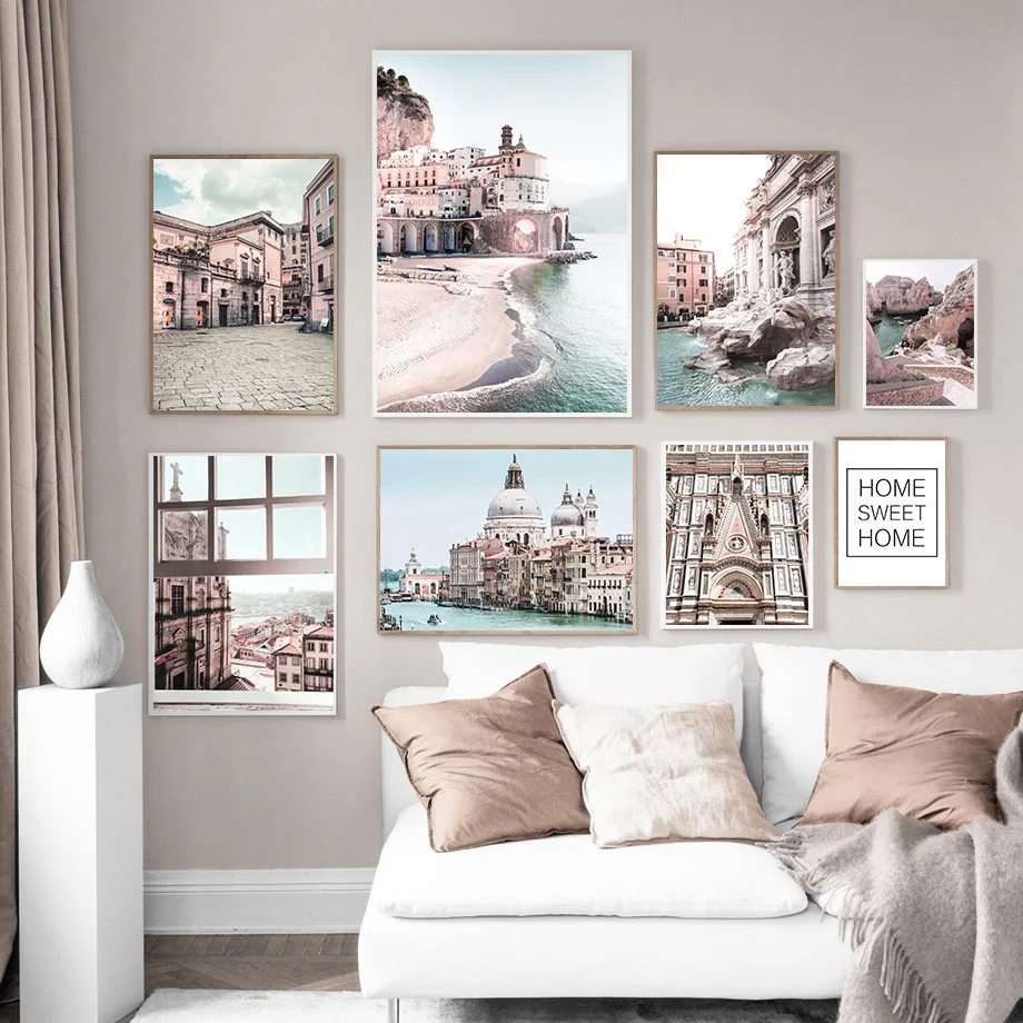 

Trevi Fountain Venice Seaside Town Church Wall Art Canvas Painting Nordic Posters and Prints Wall For Living Room Decor Pictures