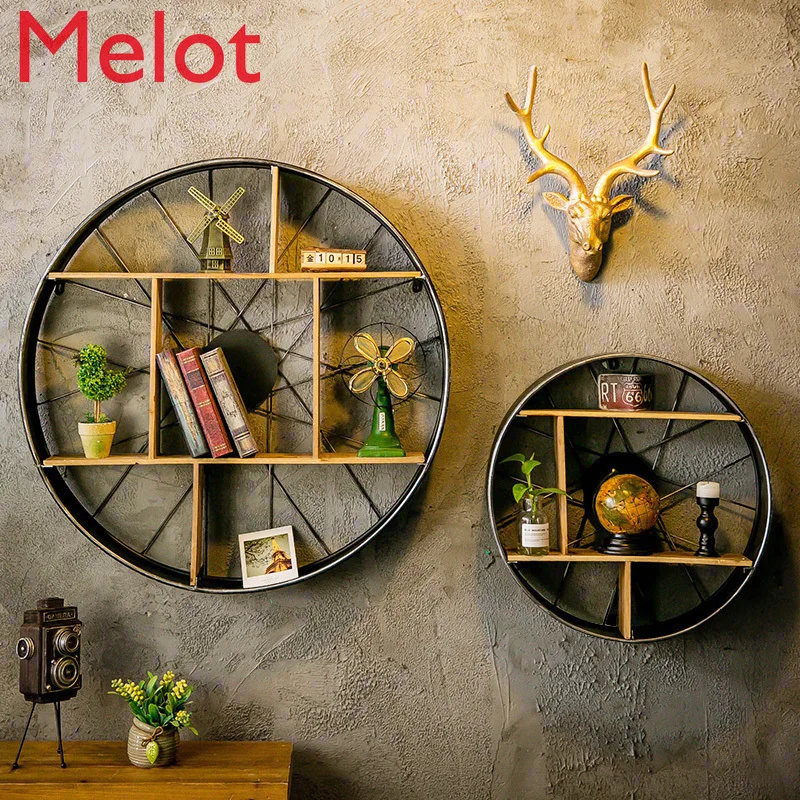 

High-End Luxury Industrial Style Iron Wall Hanging Wheel Storage Rack Living Room Wall Pendant Bulkhead Bracket Wall Decorations