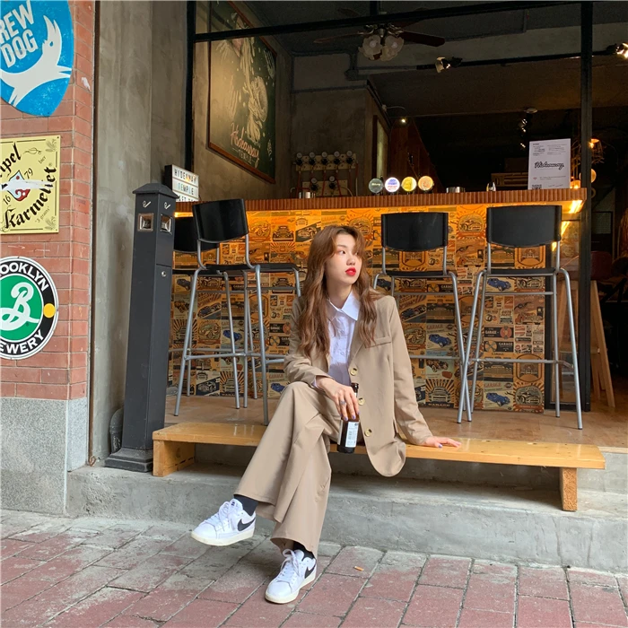 HziriP Autumn All Match Office Lady OL Style Solid Elegant Blazer+Straight Casual Loose Trouser Women Suits 2 Piece Sets