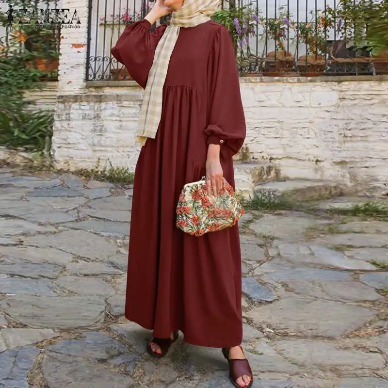 Женское платье с длинным рукавом-фонариком, повседневное однотонное платье в мусульманском стиле