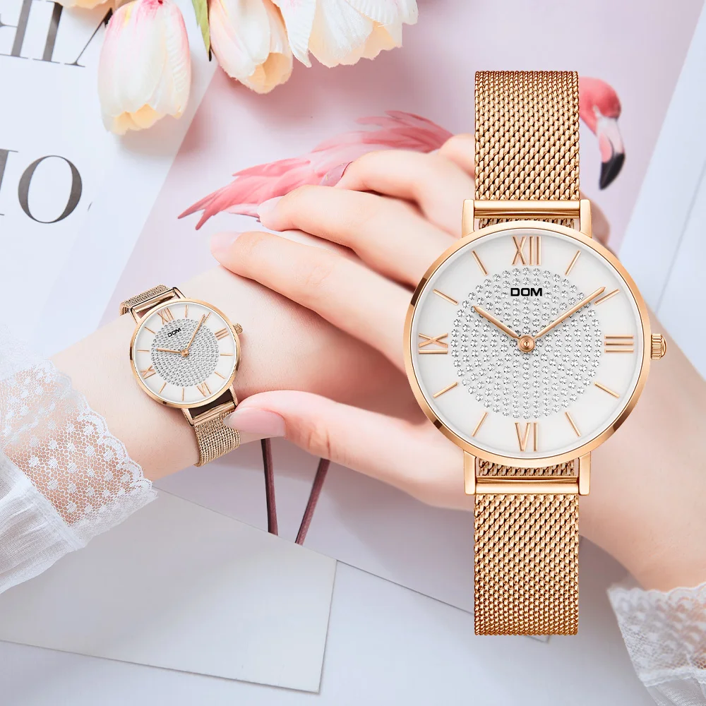 Женские часы DOM Топ бренд Роскошные Кварцевые Часы повседневные кварцевые с