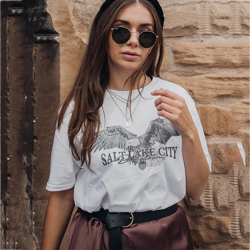 

Vintage Eagle Letter Print Tshirt Women Casual Short Sleeve France Design Nice Summer Plus Size Fashion T Shirts 100%Cotton Tops