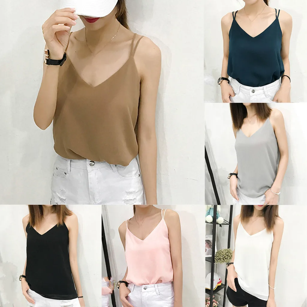 Женский шифоновый топ без рукавов повседневный свободный однотонный с v образным