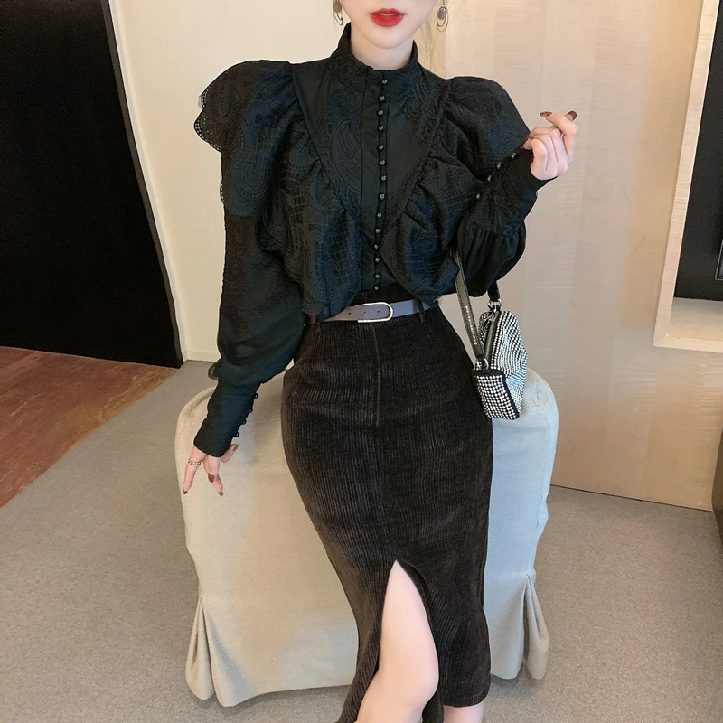 

Fashion Spring Two Pcs Sets Women Single Breasted Ruffles stand Collar Lace Blouse & Hight Waist Split Sheath Velvet Skirt Outfi