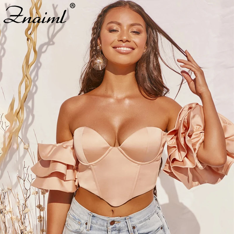 Женский сексуальный летний топ с открытыми плечами коротким рукавом оборками и